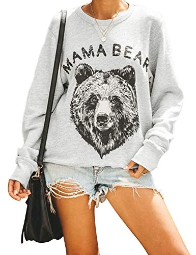 Women's Mama Bear Crew Neck Jumper Oversized Long Sleeve T-Shirt Pullover Cute Top Letter Print Sweatshirt, Grey 01, Small(UK6-8)