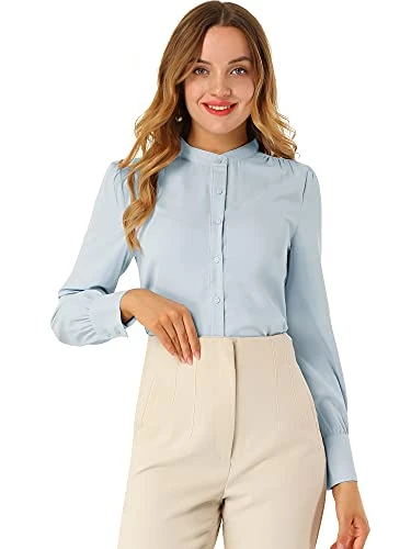 Women's Mandarin Collar Office Top Long Sleeve Button Down Shirt, Light Blue, Medium