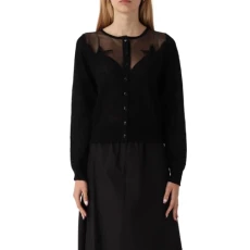 Women's Mask Cardigan Flamed Cotton with Transparencies Sweater, Z99_Black Limousine, L Women's Mask Cardigan Flamed Cotton with Transparencies Sweater, Z99_Black Limousine, L