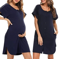 Womens Maternity Nursing Nightdress Button Down Nightgown Cotton Nighties for Women Nightwear Nightdresses for Hospital Pregnancy Blue