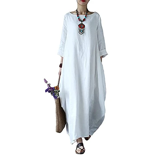 Women's Maxi Dress Long Hem Solid Color Plus Size Dress Crew Neck Loose Muslim Abaya for Women Dubai Middle East Arabian Robe Full Length Casual Long Sleeve Dress with Pocket(A1 White,L)