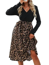 Women's Maxi Dress V Neck Long Sleeve Tie Belt A-Line Casual Dress Party Cocktail Midi Skater Dress Leopard Print M