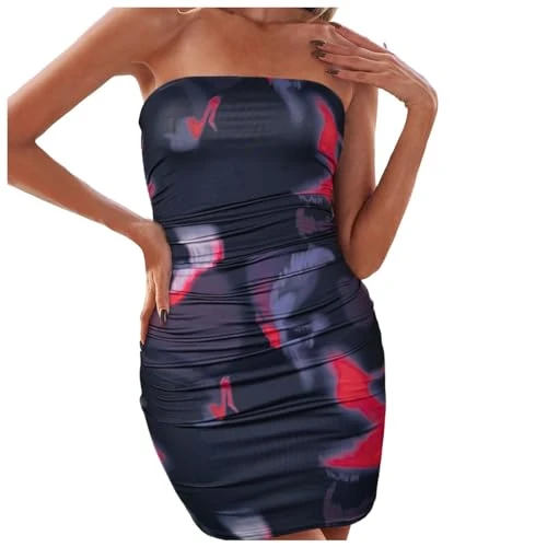 Womens Maxi Dress with Pockets Dress Strapless Backless Party Club Short Ruched Bodycon Dresses plus Size Evening Gowns with Sleeves (Black, L)