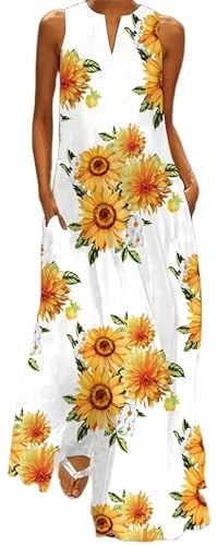 Women's Maxi Dress with Vintage Print Multicolored Long Sleeveless V-Neck Pocket Dress (3XL, White s