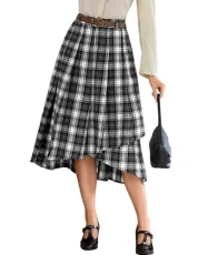 Women's Maxi Plaid Skirt Versatile Casual A-Line Midi Pleated Skirt with Belt Midi Length Black Plaid BP0004-02 XXL