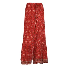 Women's Maxi Skirts Ladies High Waist Casual Daily Trend Floral Printed Ruffle Skirt Elasticated Waist Long Skirt Red