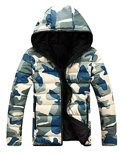 Womens Mens Camo Hooded Down Jacket Couple Winter Warm Padded Puffer Coat Blue M