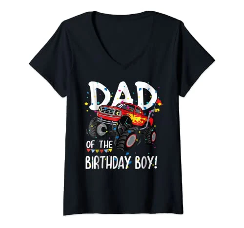 Womens Mens Monster Truck Party Dad of Birthday Boy Gift V-Neck T-Shirt