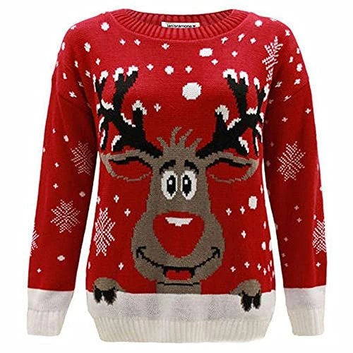 Womens Mens New Reindeer Print Christmas Knitted Jumper Long Sleeve Unisex Retro Xmas Sweater Top, 4