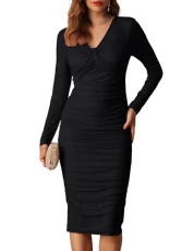 Women’s Mesh Dresses V-Neck Long Sleeve Bodycon Dress Ruched Twist Knot Midi Dresses for Cocktail Party L Size 16 Black