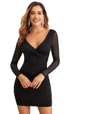 Women's Mesh Long Sleeve Bodycon Mini Dress V Neck Wrap Front Backless Party Short Pencil Dress Black M Women's Mesh Long Sleeve Bodycon Mini Dress V Neck Wrap Front Backless Party Short Pencil Dress Black M