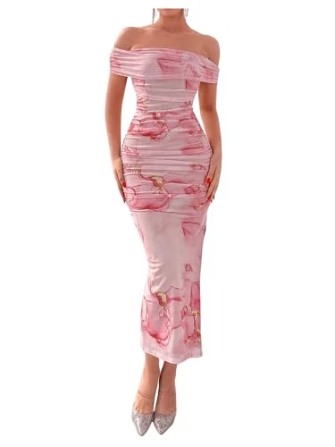 Women's Mesh Off Shoulder Bodycon Long Dress Evening Gown Ruched Cocktail Prom Dresses Pink S