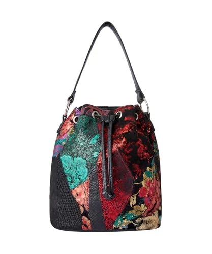 Women's Metallic Florals Patchwork Drawstring Bag, Black Multi