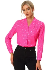 Women's Metallic Patterned Blouse V Neck Long Sleeve Gilding Shiny Sparkly Dots Top, Pink, M