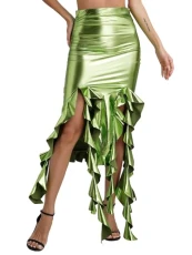 Womens Metallic Ruffled Tassel Split Skirt High Waist Bodycon Pencil Skirt Party Rave Clubwear Green S