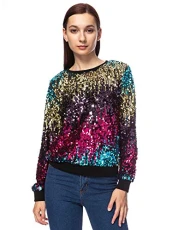 Women's Metallic Sequin Sweatshirt Long Sleeve Top Ribbed Cuffs Pullover Outerwear, Gradient Color, 