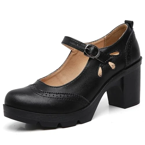 Womens Mid Block Heel Ankle Strap Court Shoes Comfort Work Office Mary Jane Pumps Black 5 UK