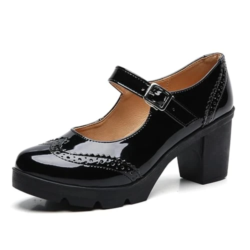 Women's Mid Block Heel Court Shoes Platform Mary Jane Pumps Dress Oxfords Shoe Patent Black 8 UK