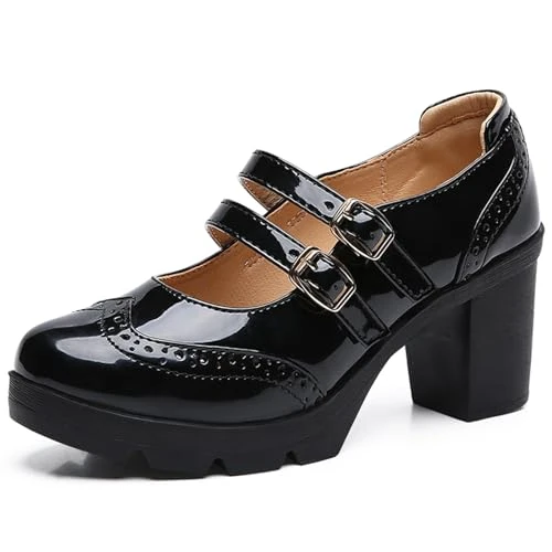 Women's Mid Block Heel Court Shoes Platform Mary Jane Pumps Dress Oxfords Shoe Two Straps Black 7 UK