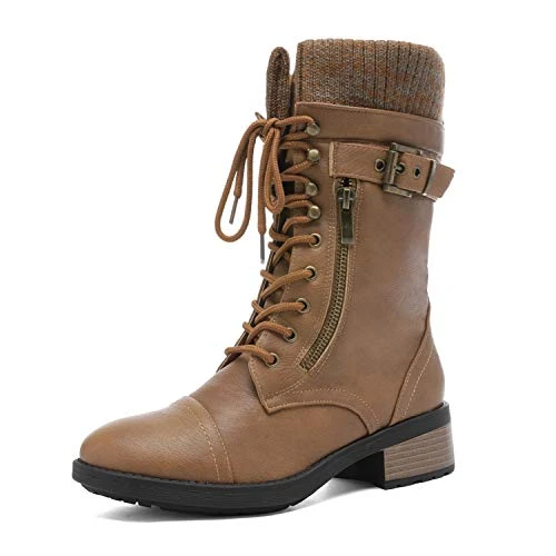 Women's Mid Calf Combat Riding Boots for UK Ladies Fashion Boots,Size 6,Camel,Amazon