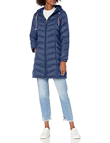 Women's Mid Length Packable Chevron Quilt Down Coat, Navy, M UK