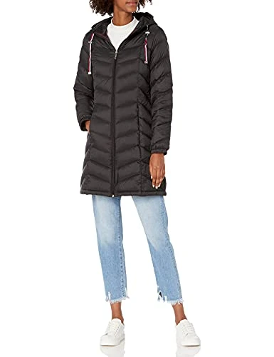 Women's Mid-Length Puffer Hooded Down Jacket with Drawstring Packing Bag Down Coat, Black, S