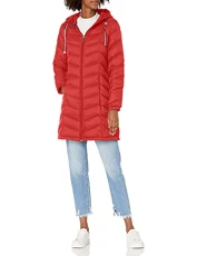 Women's Mid-Length Puffer Hooded Down Jacket with Drawstring Packing Bag Down Coat, Crimson, L Women's Mid-Length Puffer Hooded Down Jacket with Drawstring Packing Bag Down Coat, Crimson, L