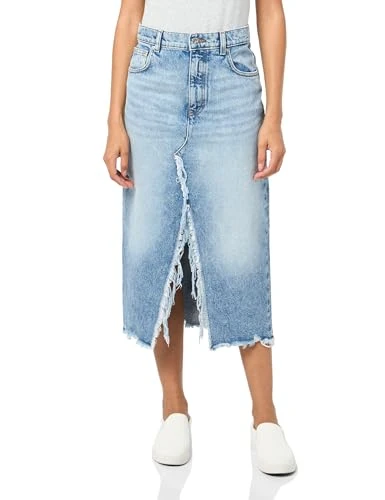 Women's Mid Length Ripped Denim Skirt, Faded Blue, XS