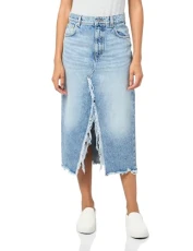 Women's Mid Length Ripped Denim Skirt, Faded Blue, XS