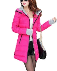 Women's Mid-Long Quilted Coat Warm Parka Outdoor Jacket with Hood Student Cotton Blend Coat Rose 2XL