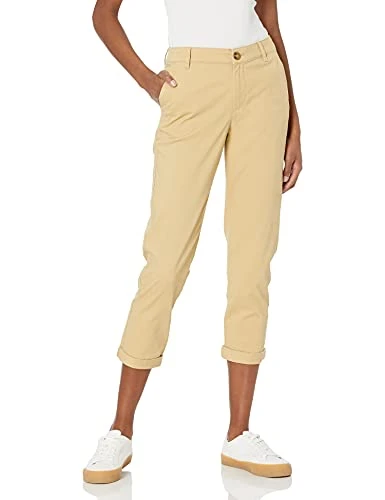 Women's Mid-Rise Slim-Fit Cropped Tapered Leg Khaki Trouser, Khaki Brown, 14