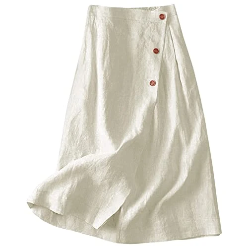 Women's Midi Skirt Cotton Line Casual Skirts A Line Skirt Summer Solid Colour Medium Length Elastic Waist Flowy Skirt Basic Plain Lightweight Skirt Button Elegant Beach Dress Cover Ups White
