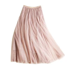 Women's Midi Skirt Pleated High Waist Elastic Sheer Long Skirts Pink One Size