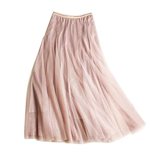Women's Midi Skirt Pleated High Waist Elastic Sheer Long Skirts Pink One Size