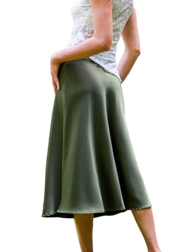 Womens Midi Skirt Ruched A Line Flared Flowy Skirt Casual Summer, Olive, M