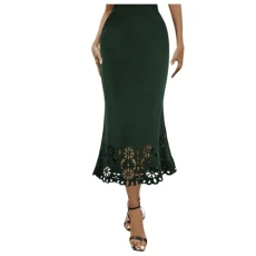 Womens Midi Skirt Skirt Elastic Waist Slim Hollow A Shaped Skirt Fishtail Skirt Satin Skirt Set for Women (Green, XXL)