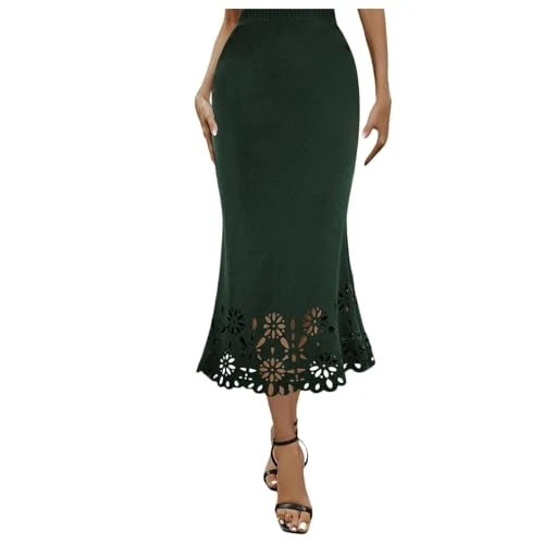 Womens Midi Skirt Skirt Elastic Waist Slim Hollow A Shaped Skirt Fishtail Skirt Satin Skirt Set for Women (Green, XXL)