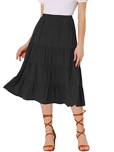 Women's Midi Skirts Solid Elastic Waist Flare Tiered Long A-Line Skirt with Pockets Black M-12