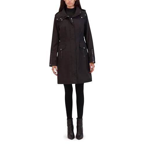 Women's Midweight Pearlized Water Resistant Rain Anorak Coat Jacket, Black, M