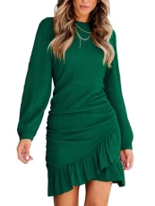 Women's Mini Dress Round Neck Ruffled Hem Ruched Long Sleeve Fitted Ribbed Knit Casual Dress Green M