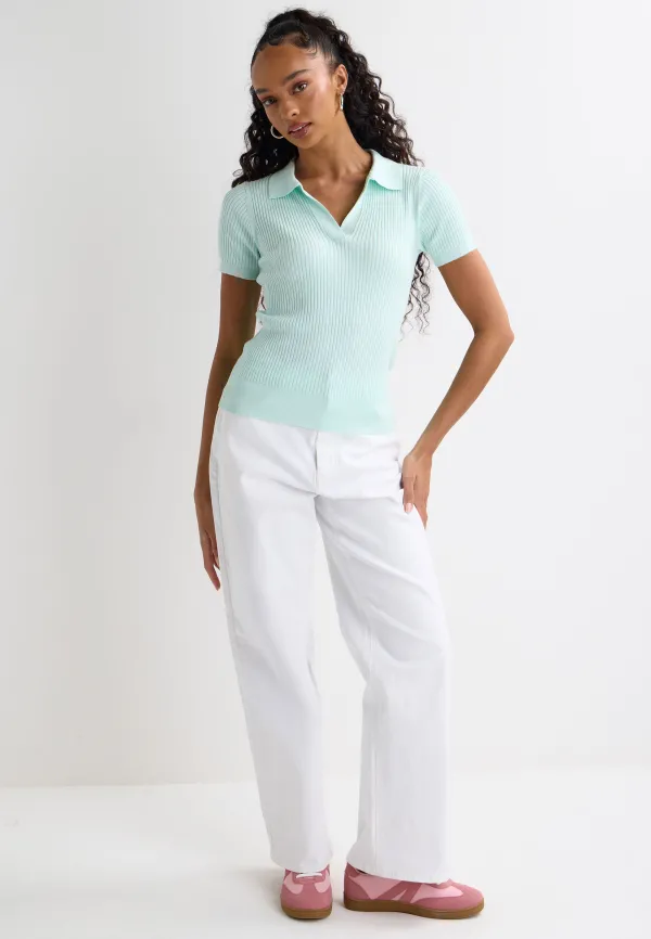 Womens Mint Ribbed V-Neck Collar Jumper