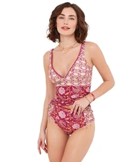 Women's Mix and Match Boho V Neck Crochet Detail Tankini Top Bikini, Raspberry Multi, 10