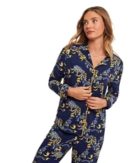 Women's Mix and Match Oriental Toile Print Long Sleeve Pyjama Top Pajama, Navy, 8