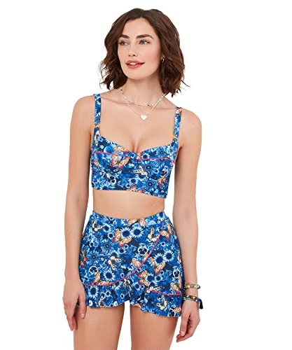 Women's Mix and Match Retro Longline Cupped Bikini Top, Aqua Multi, 8