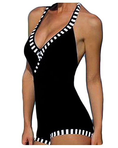 Women's Mixed Colors Stripe Bikini Set Push Up Padded Bra Swimsuit Deep V Swimming Costume One-Piece Swimsuit Black 5XL