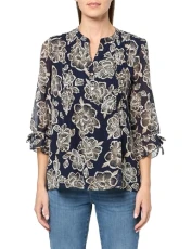 Women's Mixed Media Floral Print Pintuck Blouse, Night Sky Multi, S Women's Mixed Media Floral Print Pintuck Blouse, Night Sky Multi, S