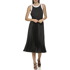 Women's Mixed Media Pelated Midi Dress, Black Soft White, 20 Women's Mixed Media Pelated Midi Dress, Black Soft White, 20
