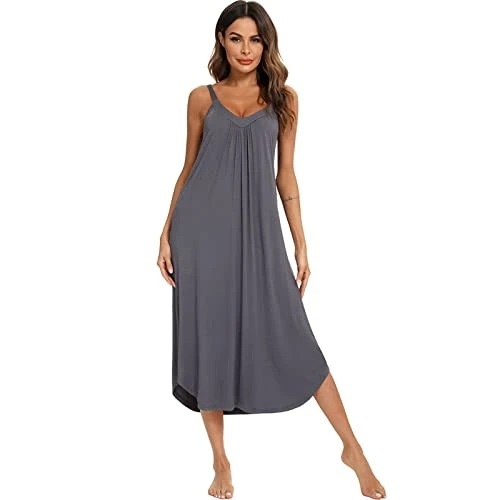 Womens Modal Full Slip Dress Loose Fit Camisole Dress Negligee Nightdress Chemise Grey SN070662 XXL