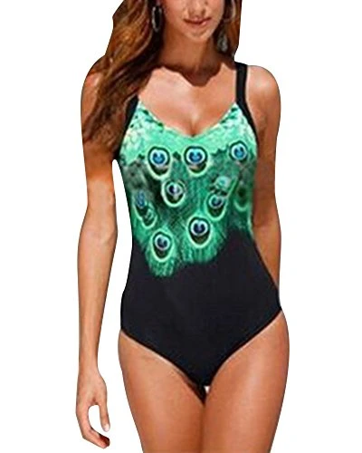 Women's Monokini V-Neck Push Up Bikini One Piece Swimsuit Peacock Printing Swimming Costume Swimwear Black S
