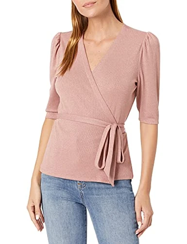 Women's Muffy 1/2 Sleeves Deep V-Neck Ballet Inspired Top Blouse, Dusty Rose/Gold, Medium